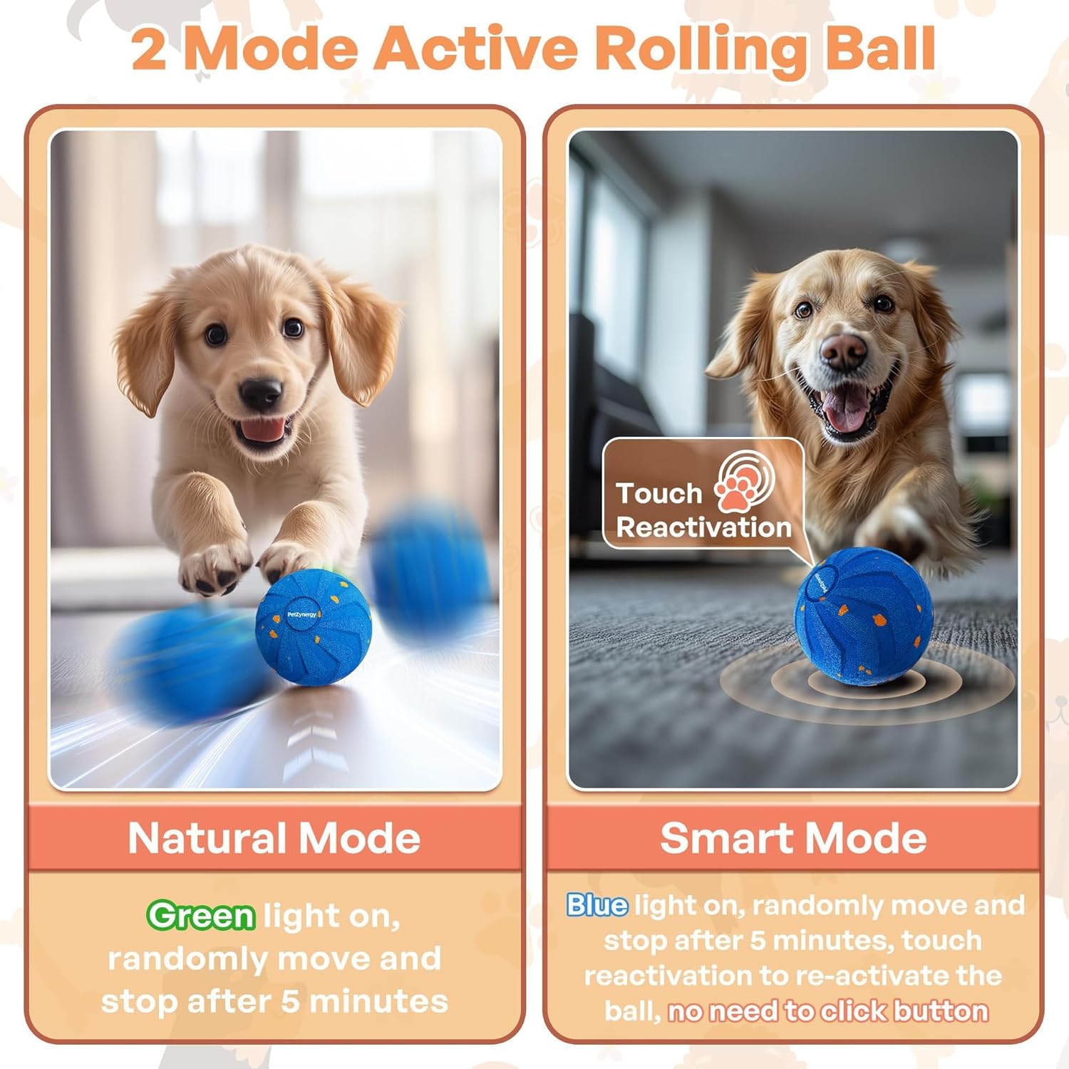 Two modes of an active rolling ball for dogs with text and images at Pet Servo