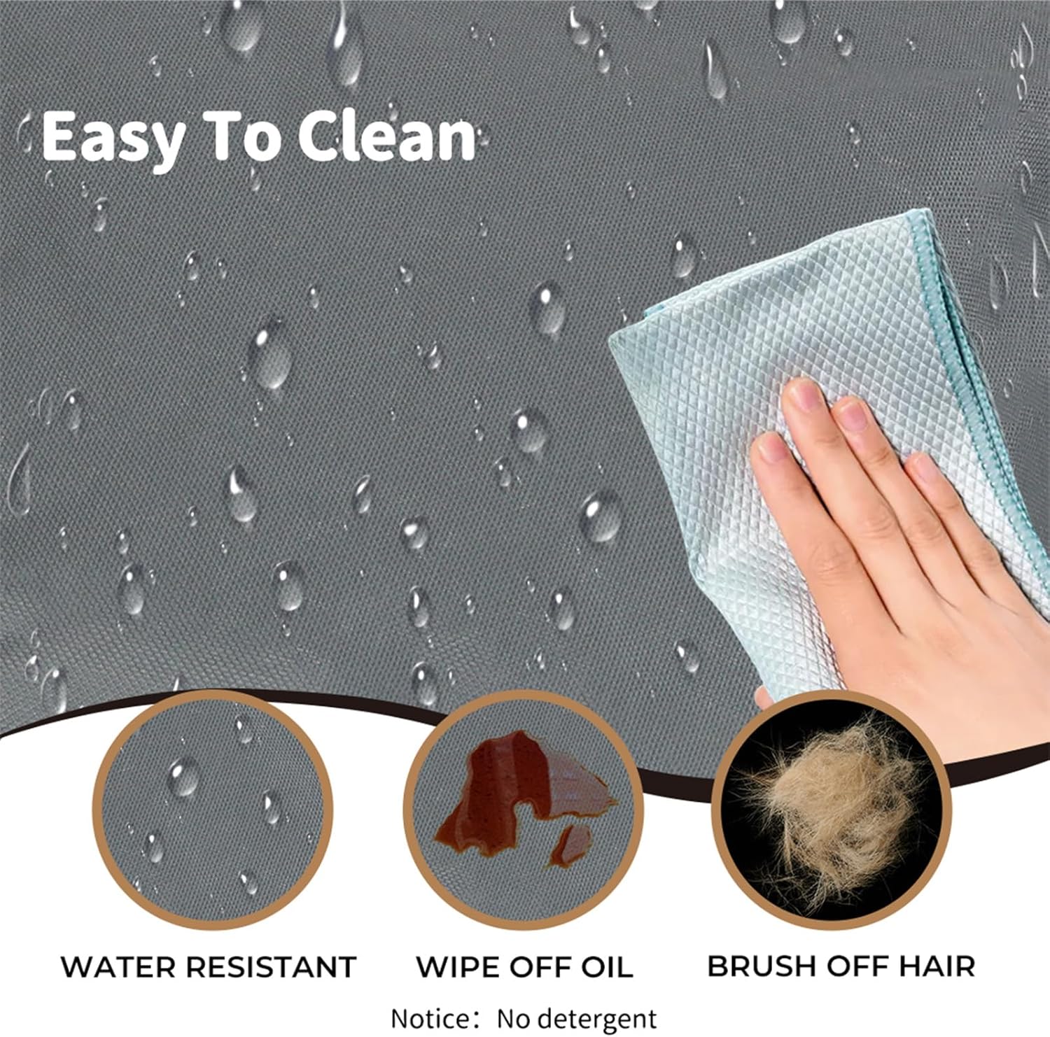 Textured towel being used to clean a surface with water droplets, oil, and hair, labeled 'Easy To Clean' at Pet Servo