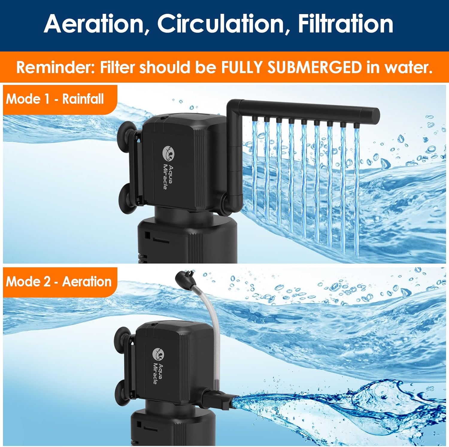 Aquarium filter with modes for rainfall and aeration, submerged in water at Pet Servo