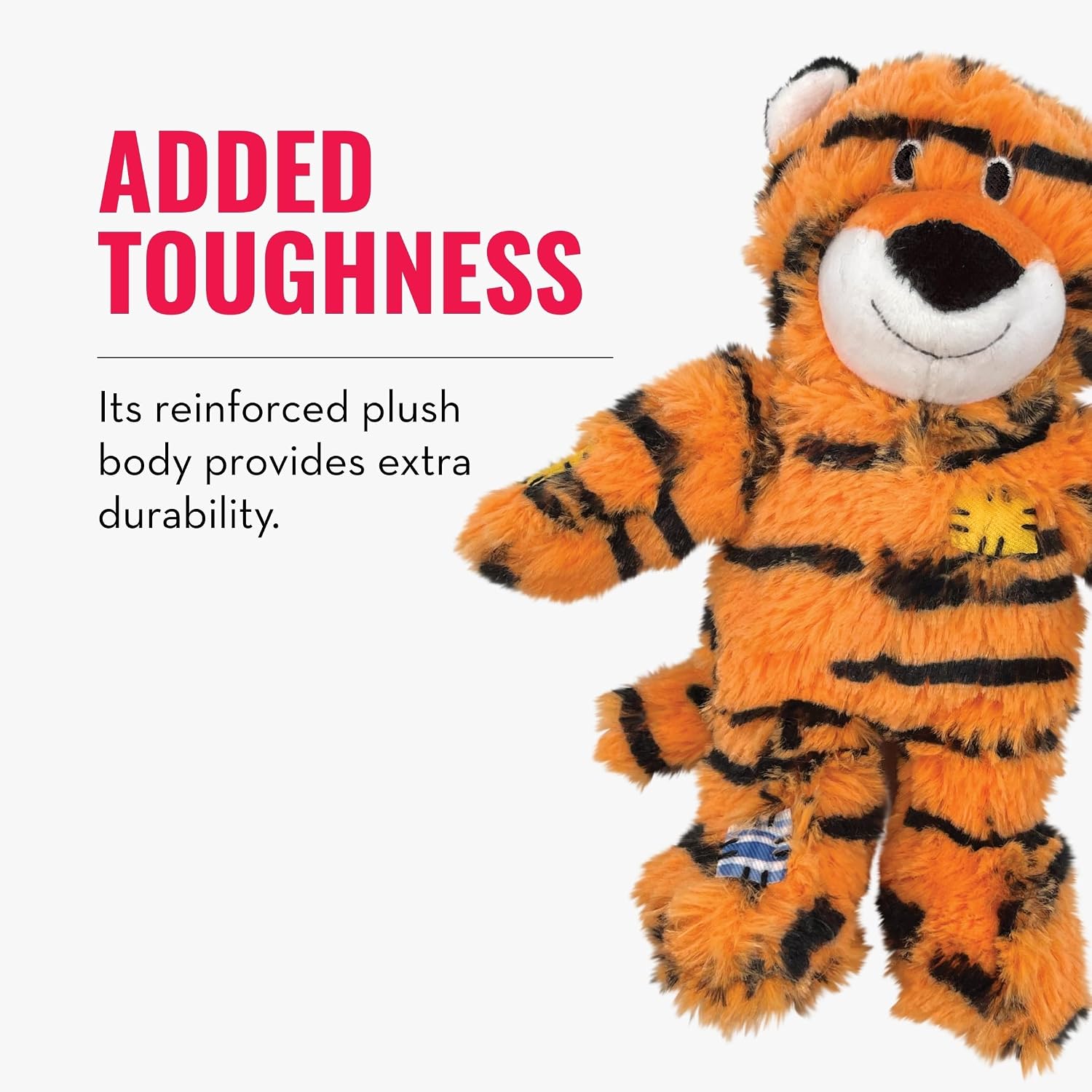 Plush tiger toy with text about added toughness on a white background at Pet Servo