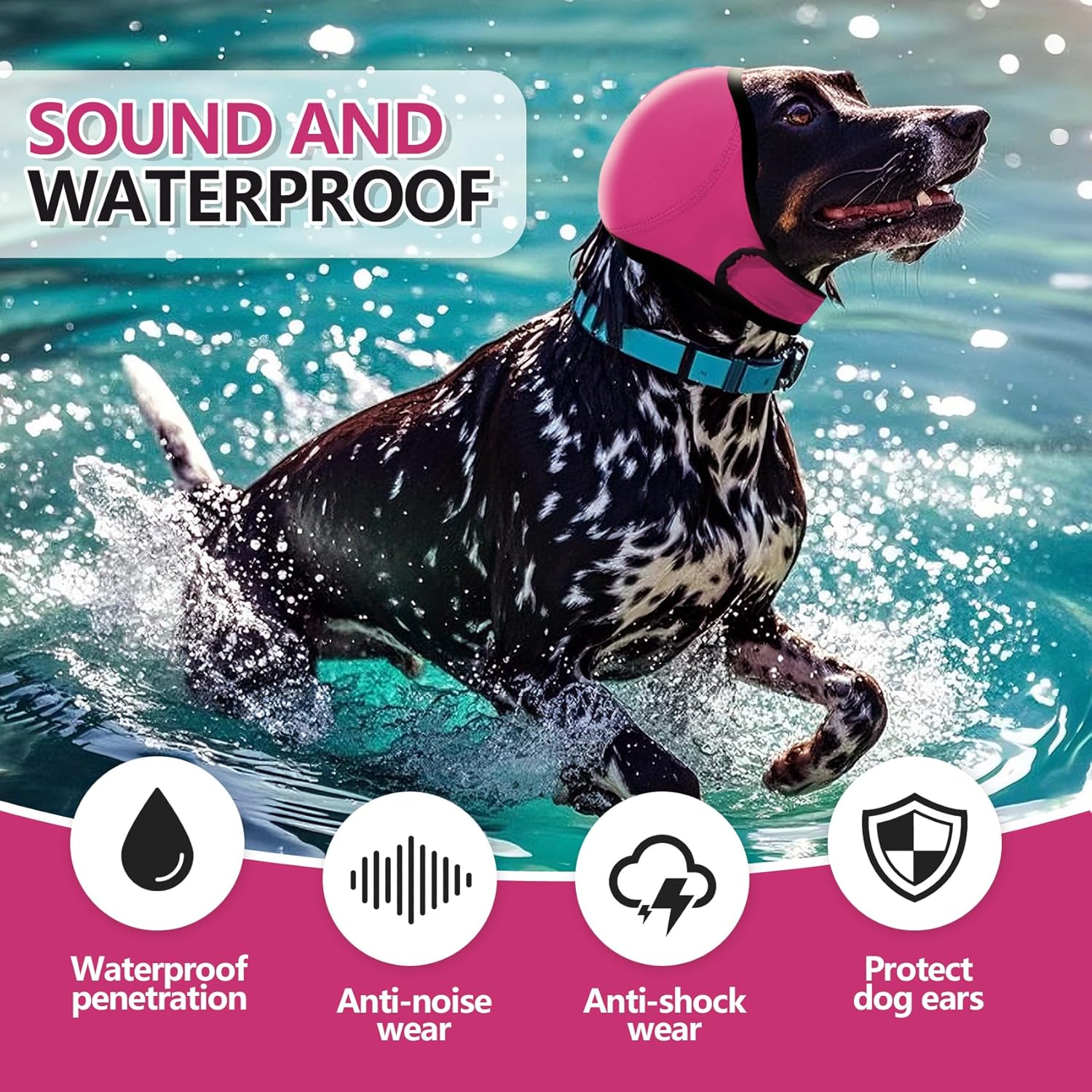 Dog running in water wearing a pink and blue collar with text about sound and waterproof features at Pet Servo