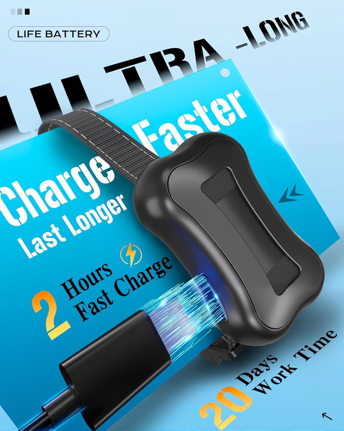 Black electronic device with charging cable on a blue background with text about battery life and charging time at Pet Servo