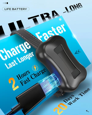 Black electronic device with charging cable on a blue background with text about battery life and charging time at Pet Servo