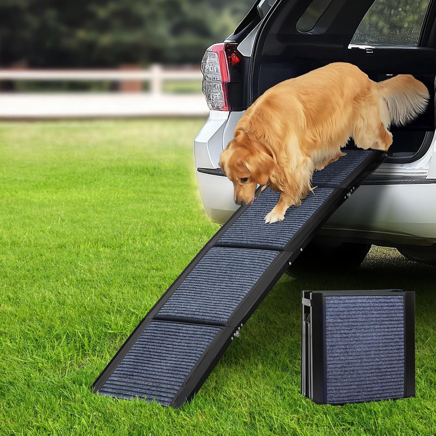 A golden retriever dog is climbing a black solar panel pet ramp positioned on green grass next to an open car trunk. A folded version of the solar panel ramp is shown standing nearby at Pet Servo
