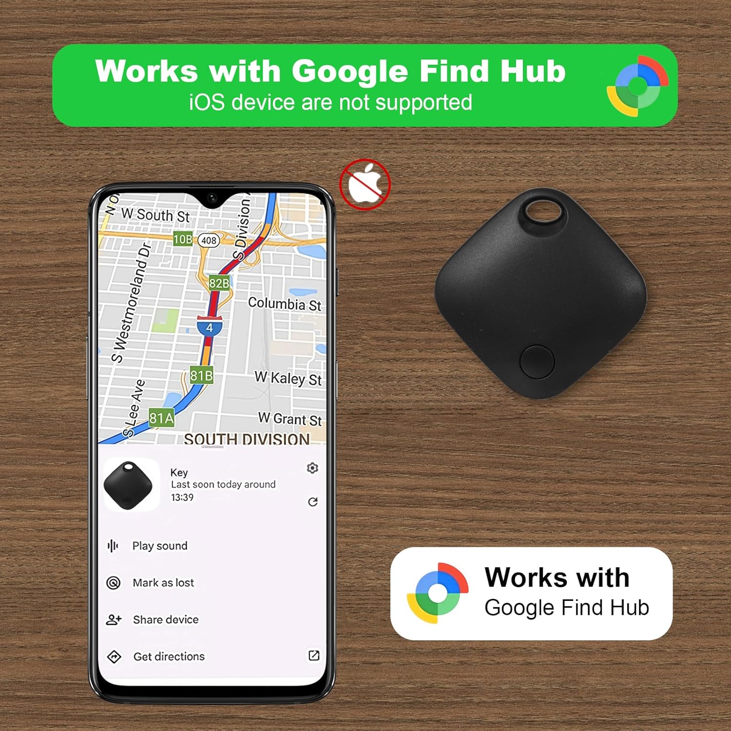 Smart tracking device and smartphone app on a wooden surface with 'Works with Google Find Hub' text at Pet Servo