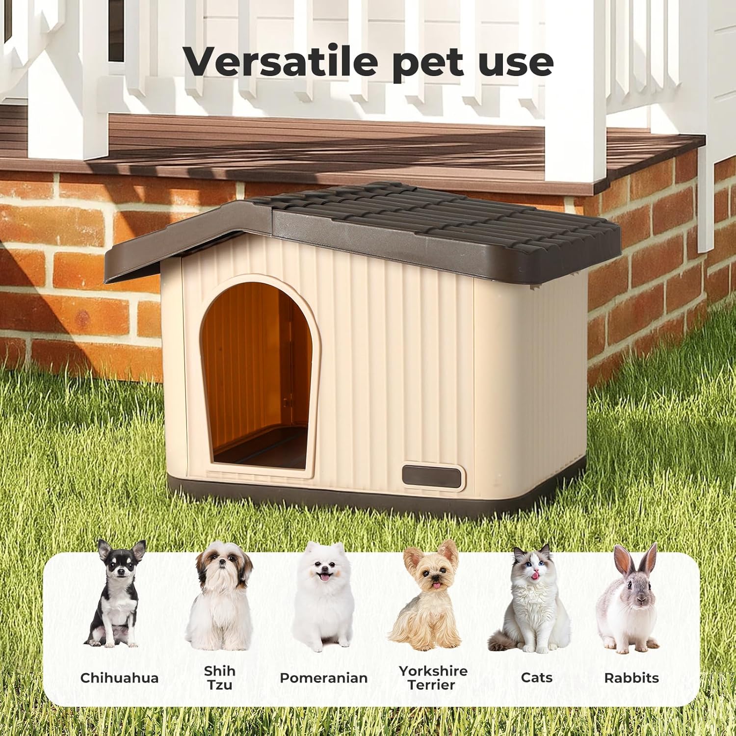 A beige and dark gray pet house shown outdoors on grass in front of a brick wall and porch, with the text 'Versatile pet use' above it and small labeled images of dogs, cats, and rabbits below showing compatible pet types at Pet Servo