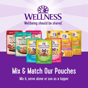 Wellness pet food pouches on a purple background with the brand logo and text at Pet Servo