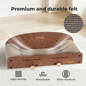 A brown and beige felt cat scratcher bed with wooden balls on a white textured rug, featuring text overlays and a circular inset showing the felt texture at Pet Servo