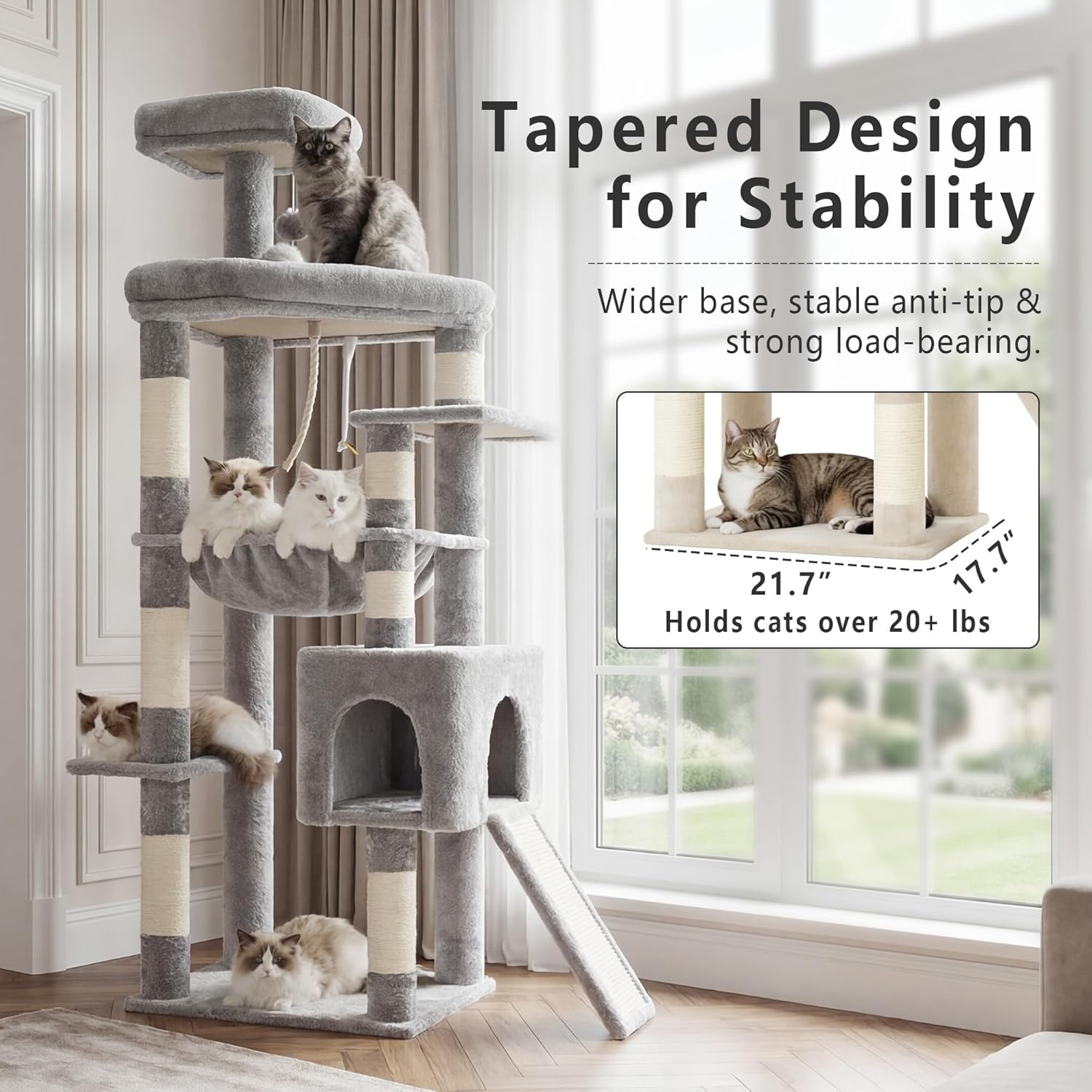 Cat tree with multiple levels and cats on a wooden floor near a window at Pet Servo