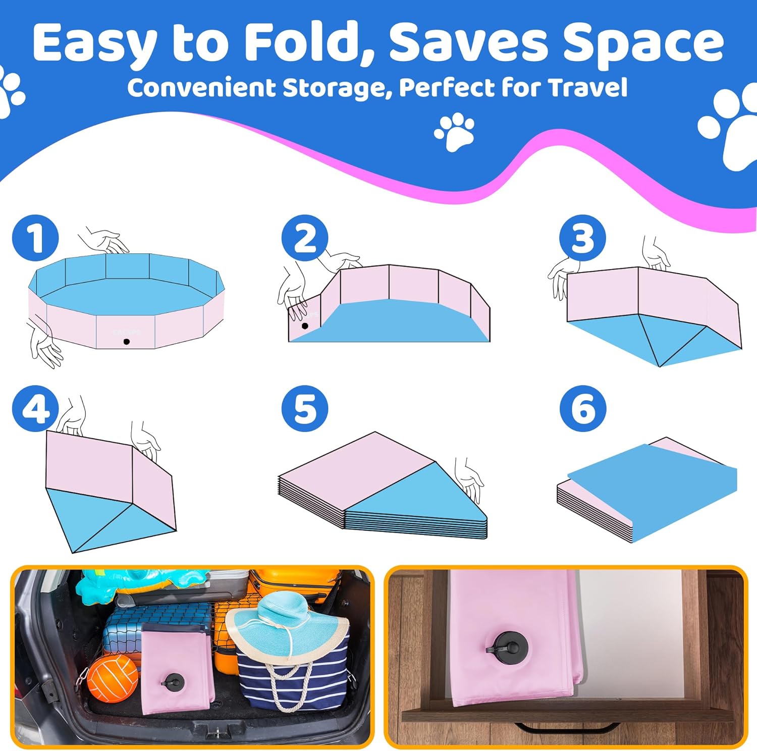 Instructions on how to fold a pet product, with images of folding process and storage options at Pet Servo