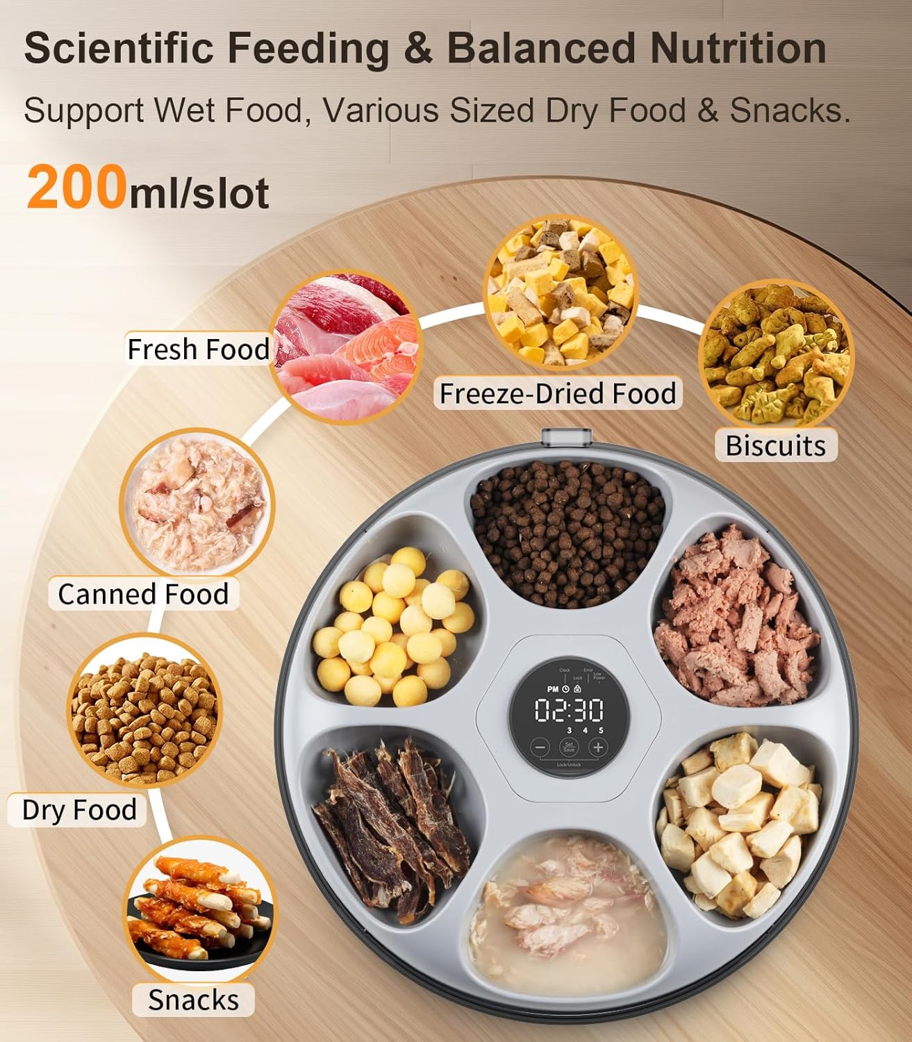 Pet food dispenser with various food types and digital timer on a wooden background at Pet Servo