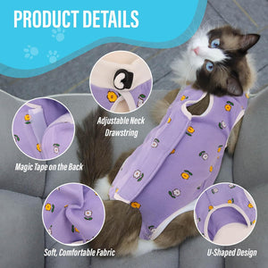 Cat wearing a purple outfit with product details highlighted at Pet Servo