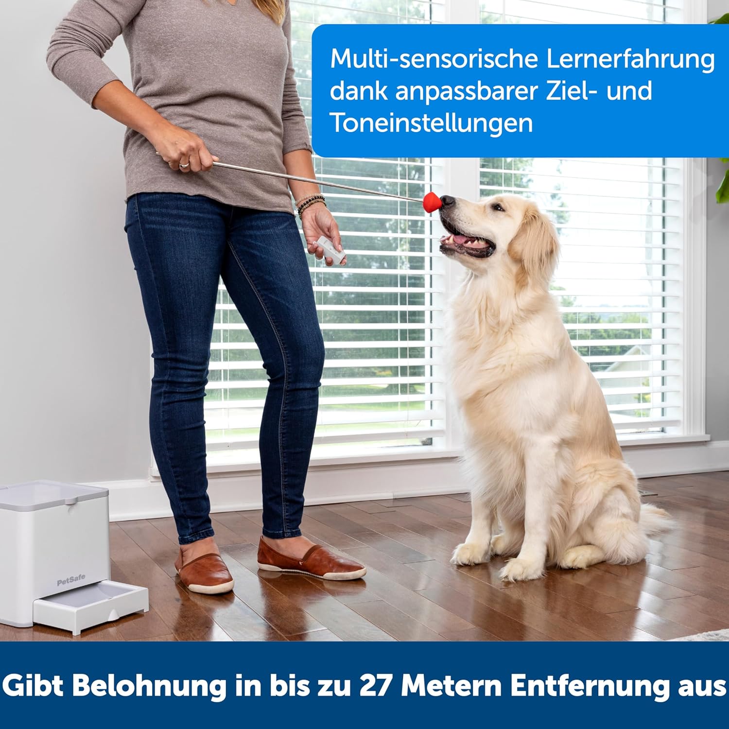 Woman training a dog with a remote control device indoors at Pet Servo