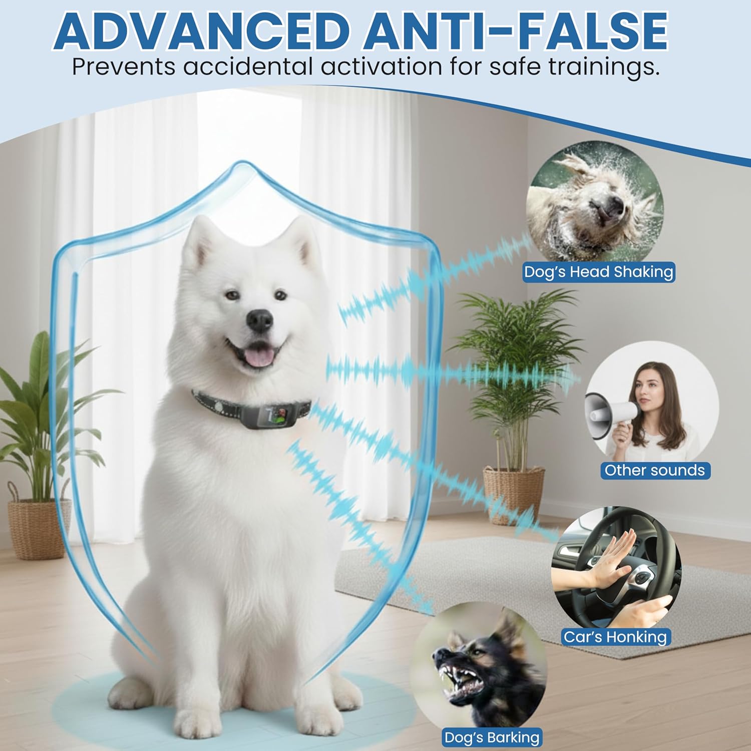 White dog wearing a collar with a shield graphic and text about anti-false activation in a home setting at Pet Servo