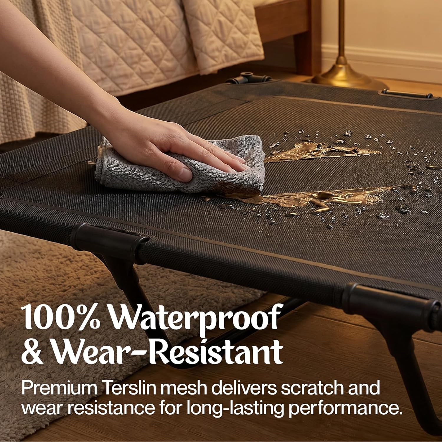 Person cleaning a waterproof surface with text highlighting its properties at Pet Servo