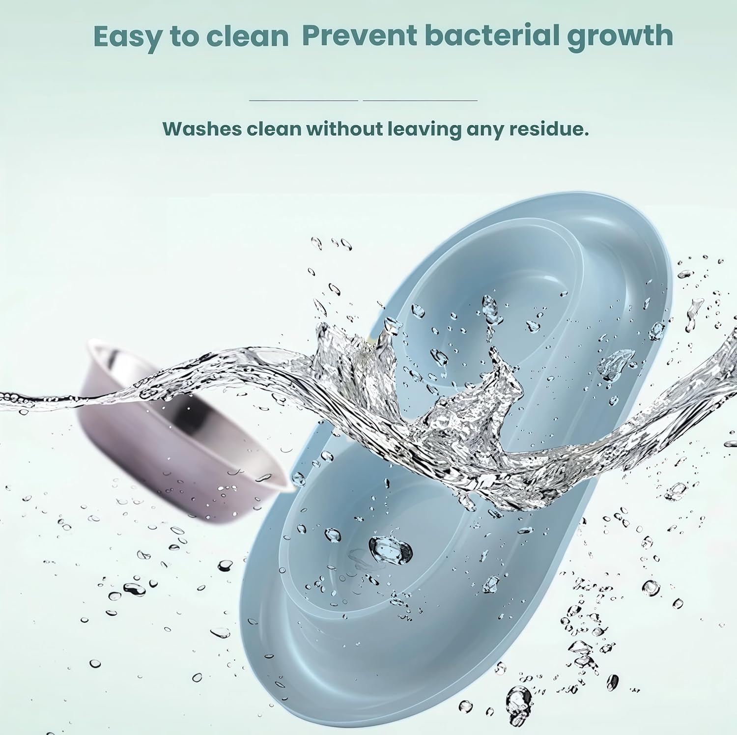 A light blue oval bath mat shown with a small metallic bowl and a splash of water across the scene. Text at the top reads 'Easy to clean Prevent bacterial growth' and 'Washes clean without leaving any residue at Pet Servo