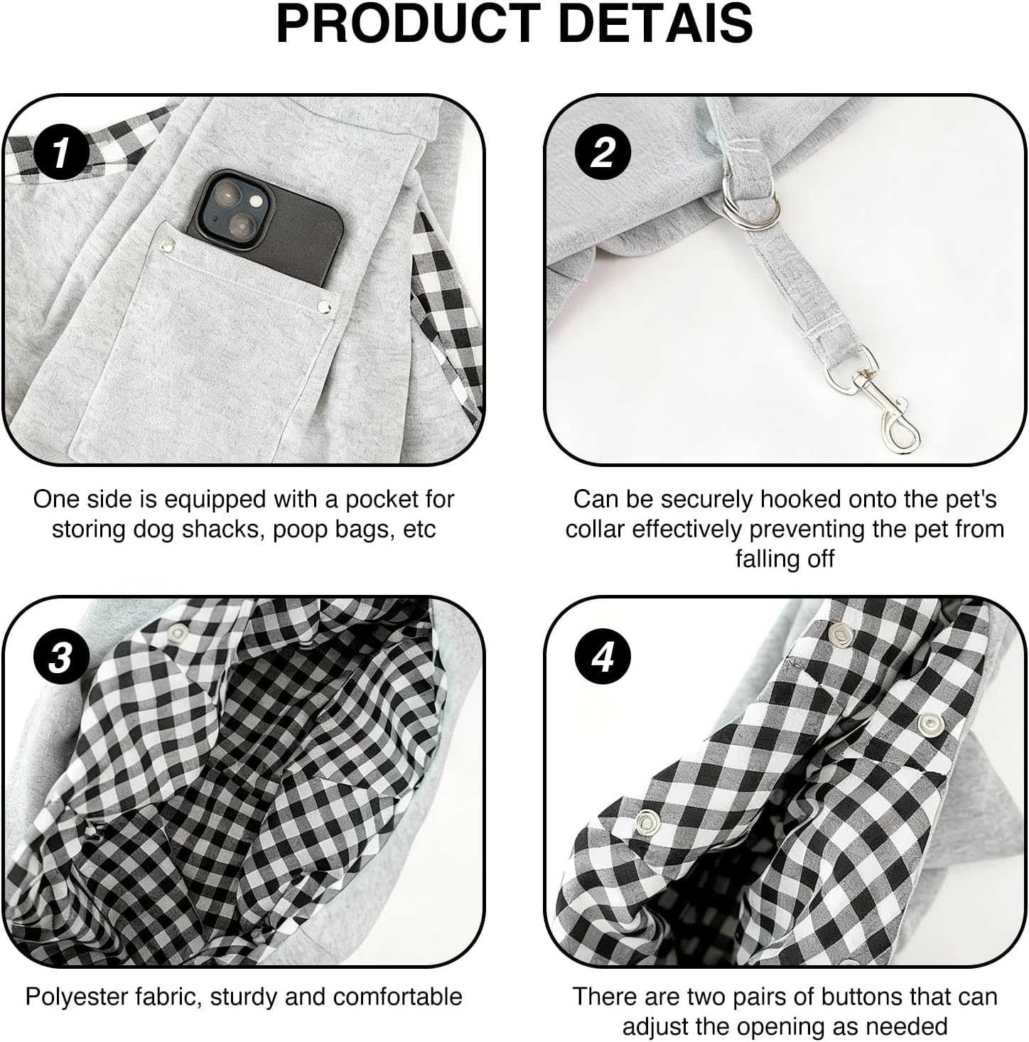 Product details of a pet accessory with a pocket, hook, checkered fabric, and button adjustments at Pet Servo