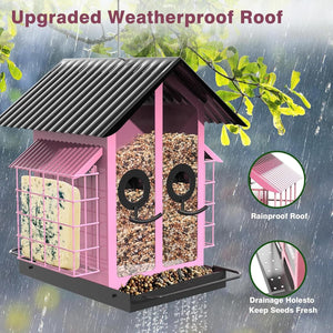 Pink bird feeder with upgraded weatherproof roof on a rainy background at Pet Servo