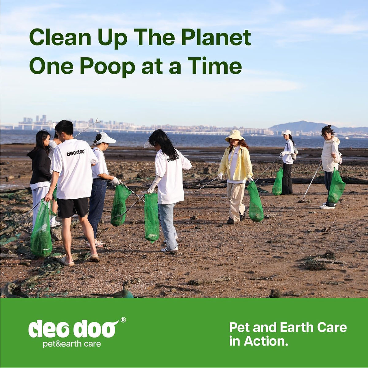 A promotional outdoor scene shows several people on a muddy shoreline picking up trash, with large text reading 'Clean Up The Planet One Poop at a Time.' and a green footer that says 'deg doo pet&earth care' and 'Pet and Earth Care in Action at Pet Servo