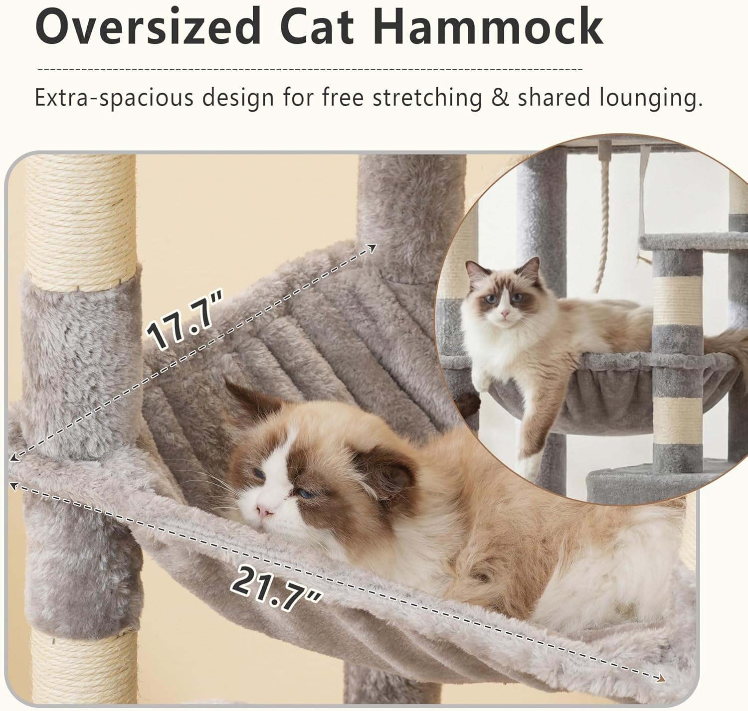 Cat hammock with measurements and two cats on it, labeled 'Oversized Cat Hammock' at Pet Servo