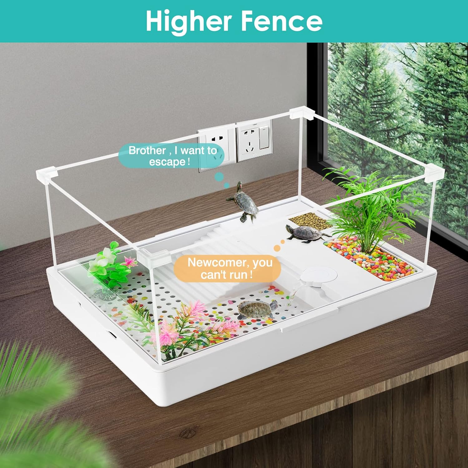 Pet playpen with higher fence on a wooden floor, featuring text and plants at Pet Servo