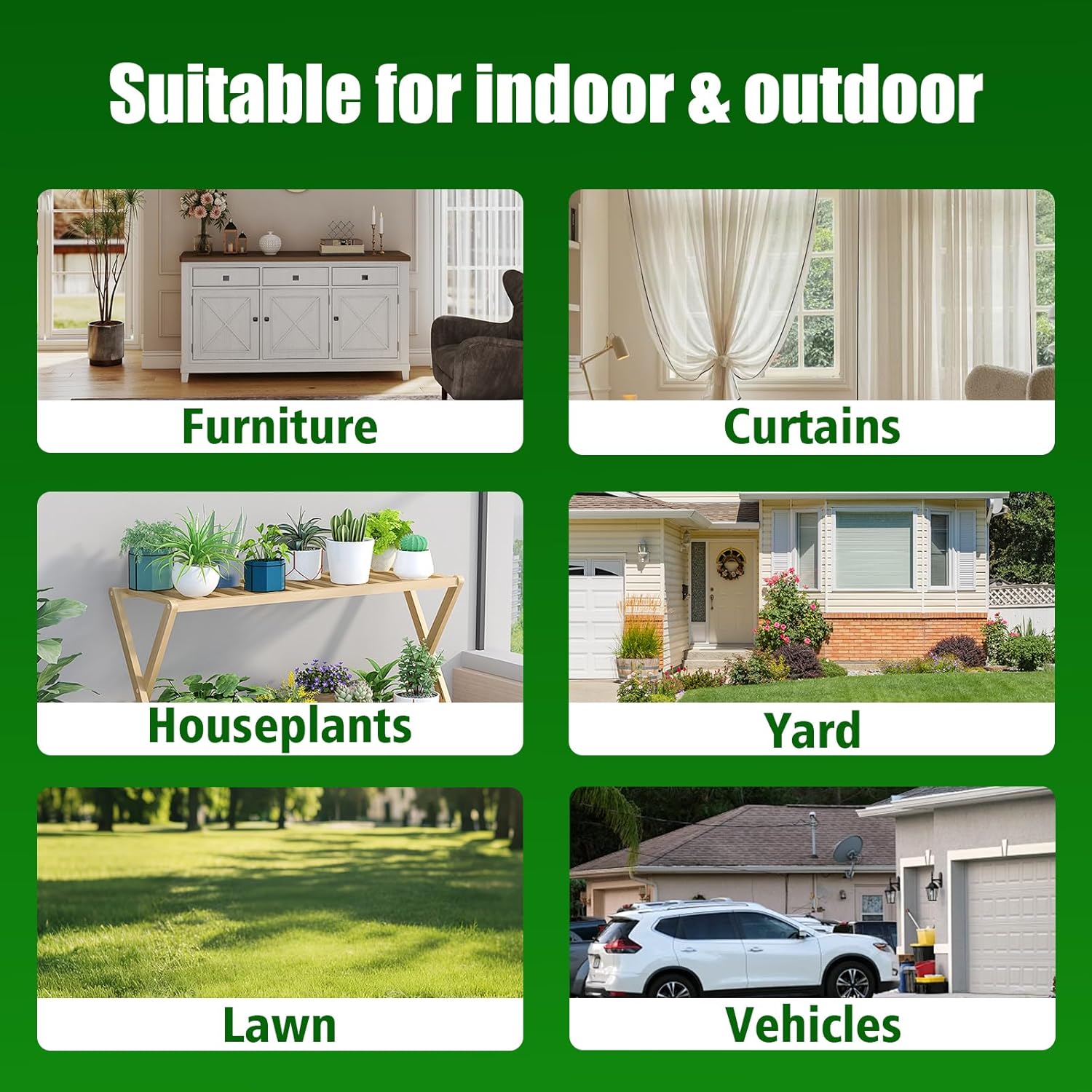 Collage of images showing products suitable for indoor, outdoor, furniture, curtains, houseplants, yard, lawn, and vehicles at Pet Servo