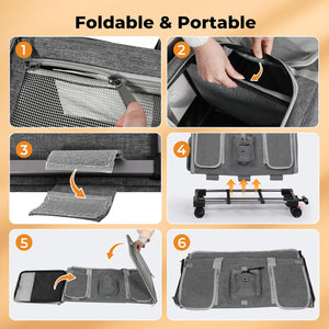 A 6-panel feature graphic for a foldable and portable gray fabric bag, showing close-ups of the zipper, interior pocket, flap detail, expanded interior layout, and the folded bag on a light beige background with orange text and arrows at Pet Servo