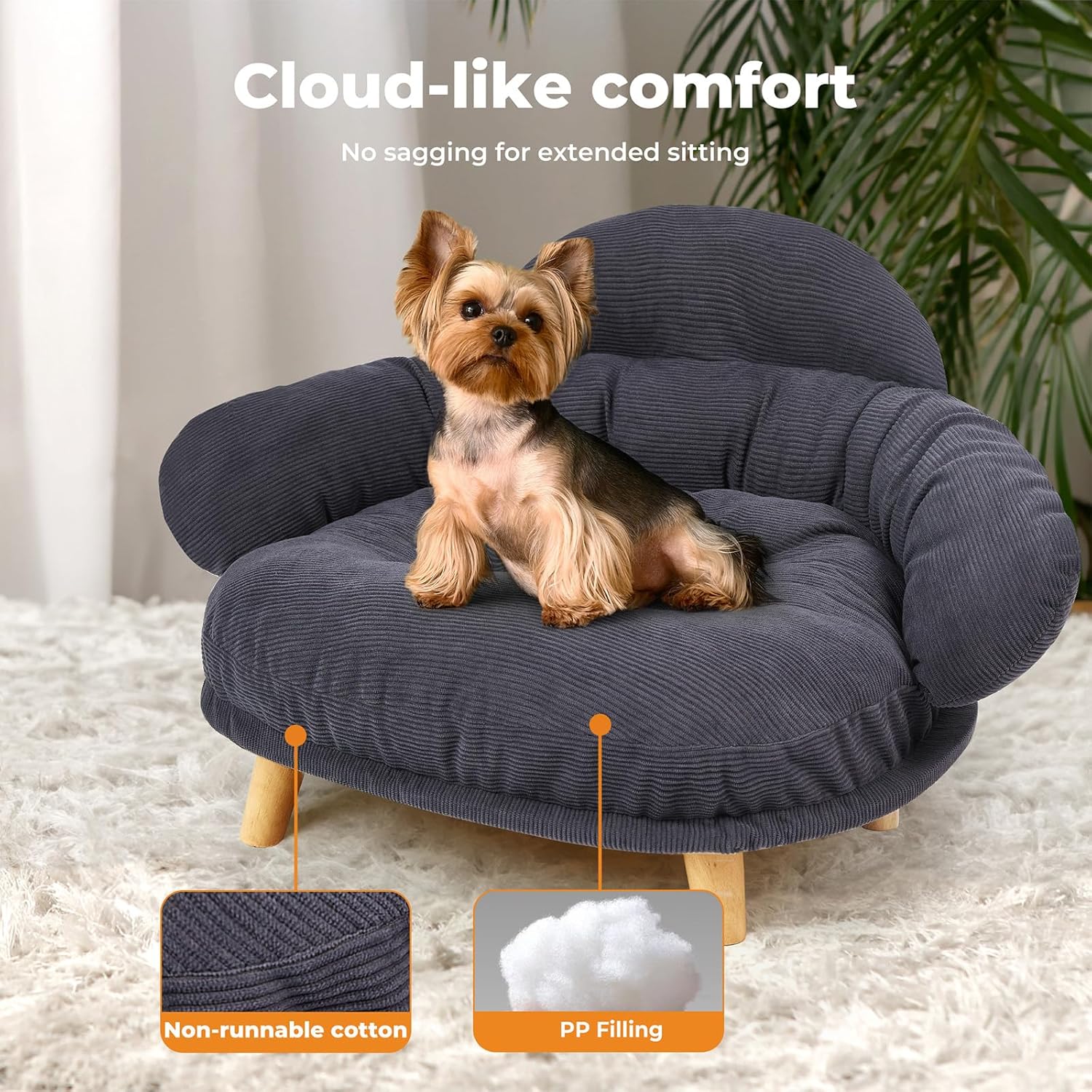 Dog sitting on a cloud-like comfort pet bed with text and product details at Pet Servo