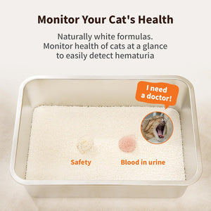 Cat litter tray with text about monitoring cat health and detecting hematuria at Pet Servo