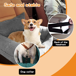 Dog sitting on a car seat cover with safety features highlighted, including a dog collar and headrest strap at Pet Servo