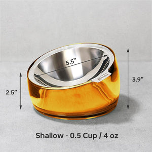 Glass pet bowl with metal rim and measurements on a gray background at Pet Servo