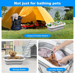 Collage of outdoor portable basket used for pet bathing, storage, and laundry with text 'Not just for bathing pets' at Pet Servo