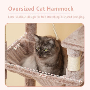 Cat lounging on an oversized cat hammock with text describing its features at Pet Servo