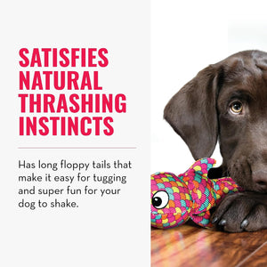 Dog playing with a colorful toy, text about satisfying natural thrashing instincts at Pet Servo
