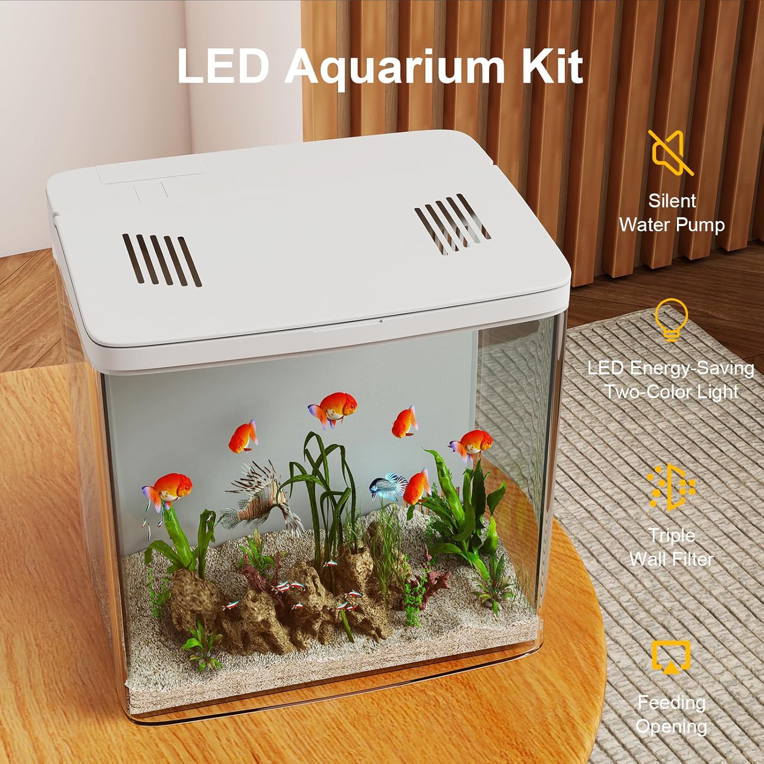LED Aquarium Kit with fish and plants on a wooden surface at Pet Servo