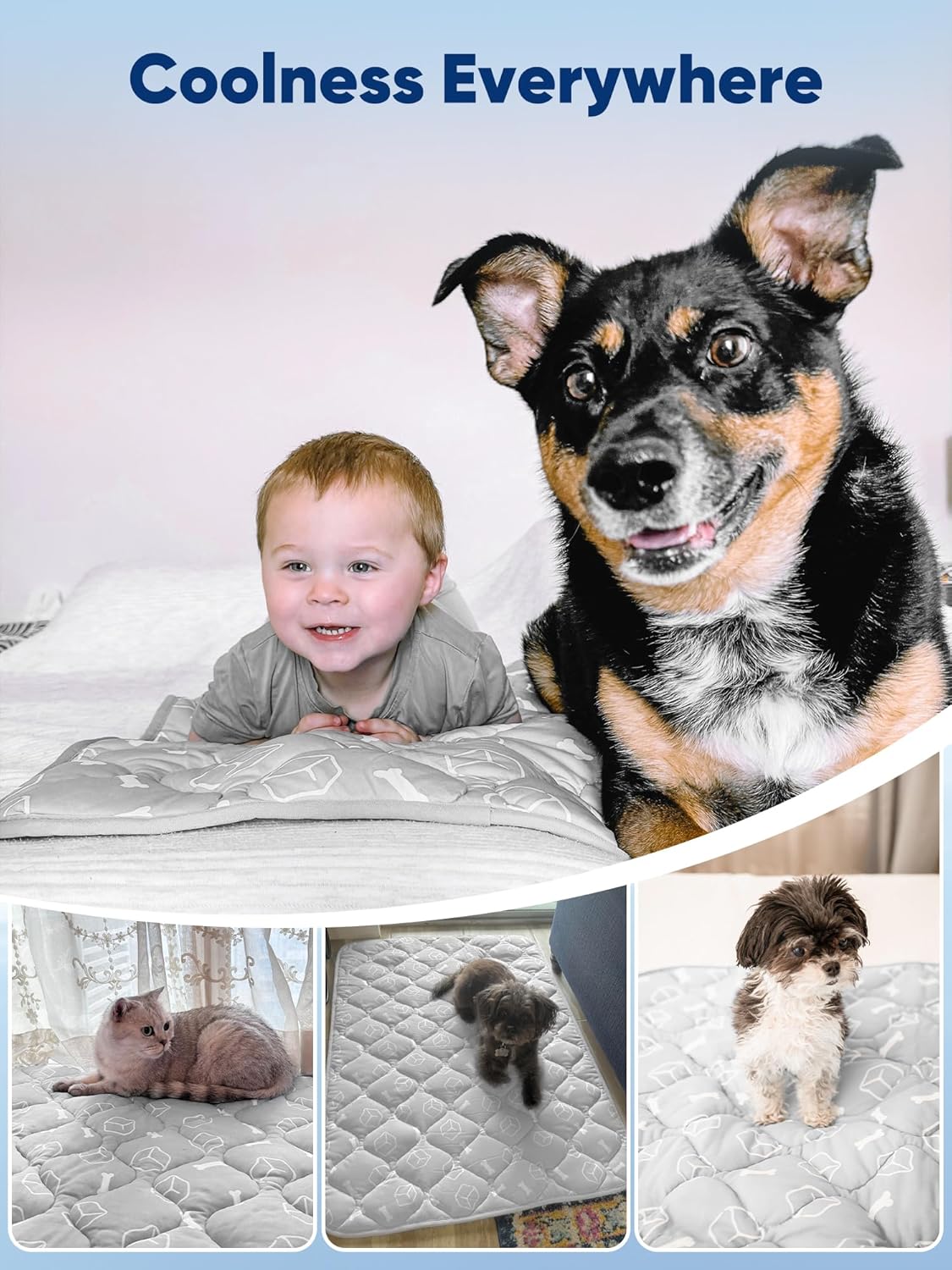 Collage of a child and dog with a cooling pad, surrounded by other pets on similar pads at Pet Servo