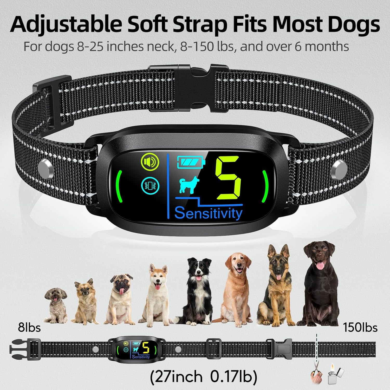 Dog collar with digital display and adjustable soft strap, featuring size chart for dogs at Pet Servo