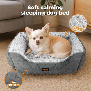 Dog lying on a soft calming sleeping bed with text and close-up details at Pet Servo
