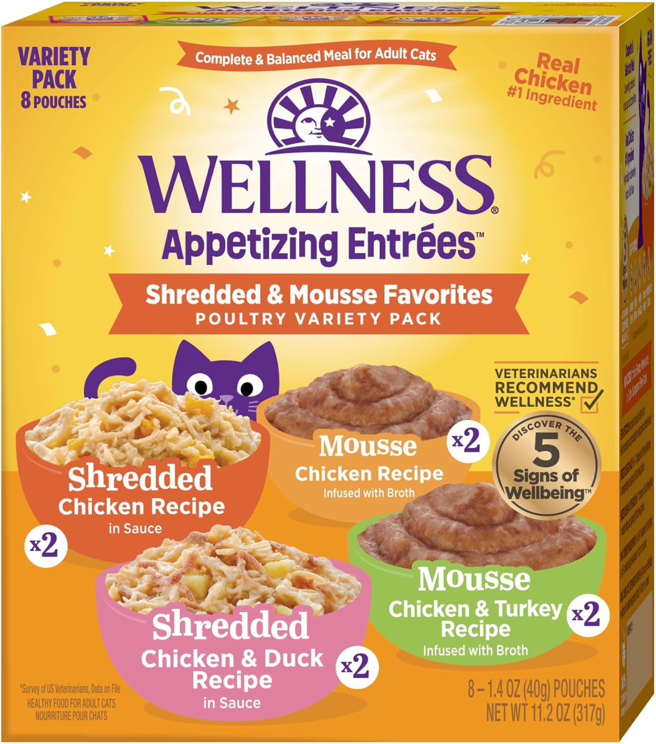 Wellness cat food packaging with various mousse and shredded chicken recipes on a yellow background at Pet Servo