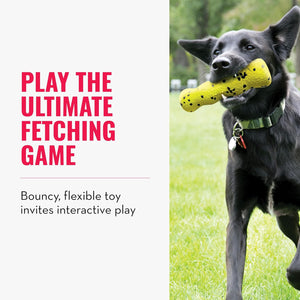 Dog playing with a yellow toy on grass, with promotional text about the toy at Pet Servo