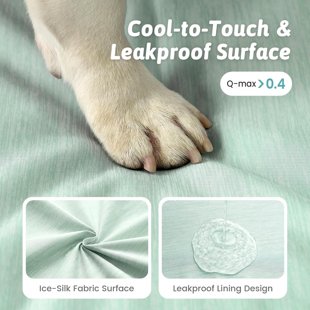 Dog paw on a cool-to-touch and leakproof surface with fabric and lining details at Pet Servo