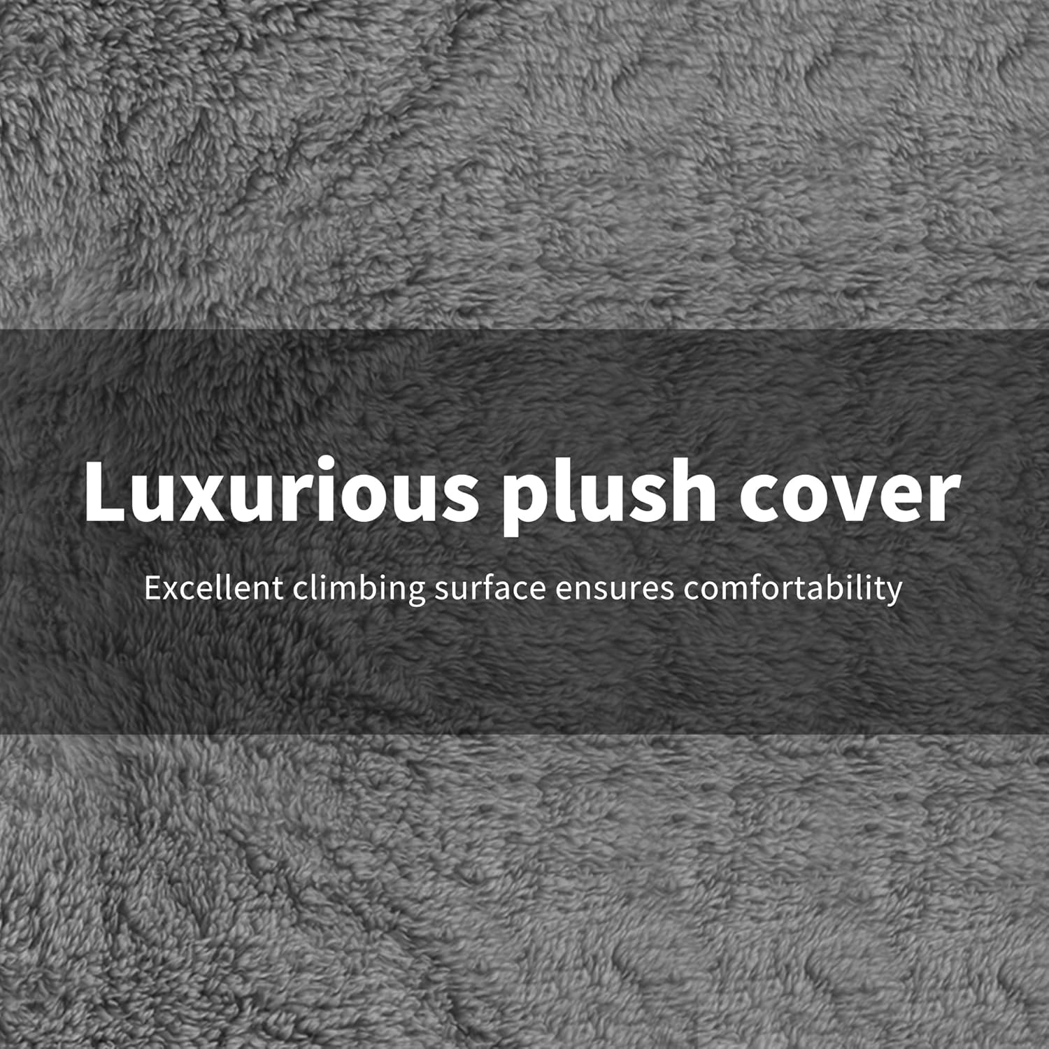 A close-up of a gray plush faux-fur or velour-like fabric texture with a dark horizontal banner across the center containing the text 'Luxurious plush cover' and smaller text below at Pet Servo