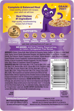 Cat food pouch with branding and product information on a yellow and purple background at Pet Servo