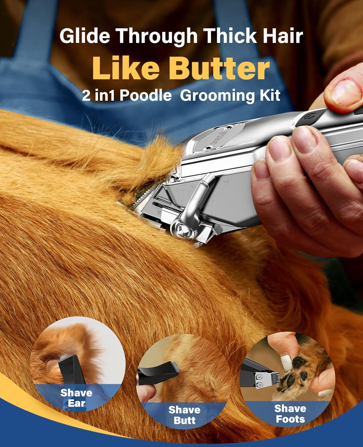 2-in-1 Poodle Grooming Kit being used on a dog with text 'Glide Through Thick Hair Like Butter' at Pet Servo