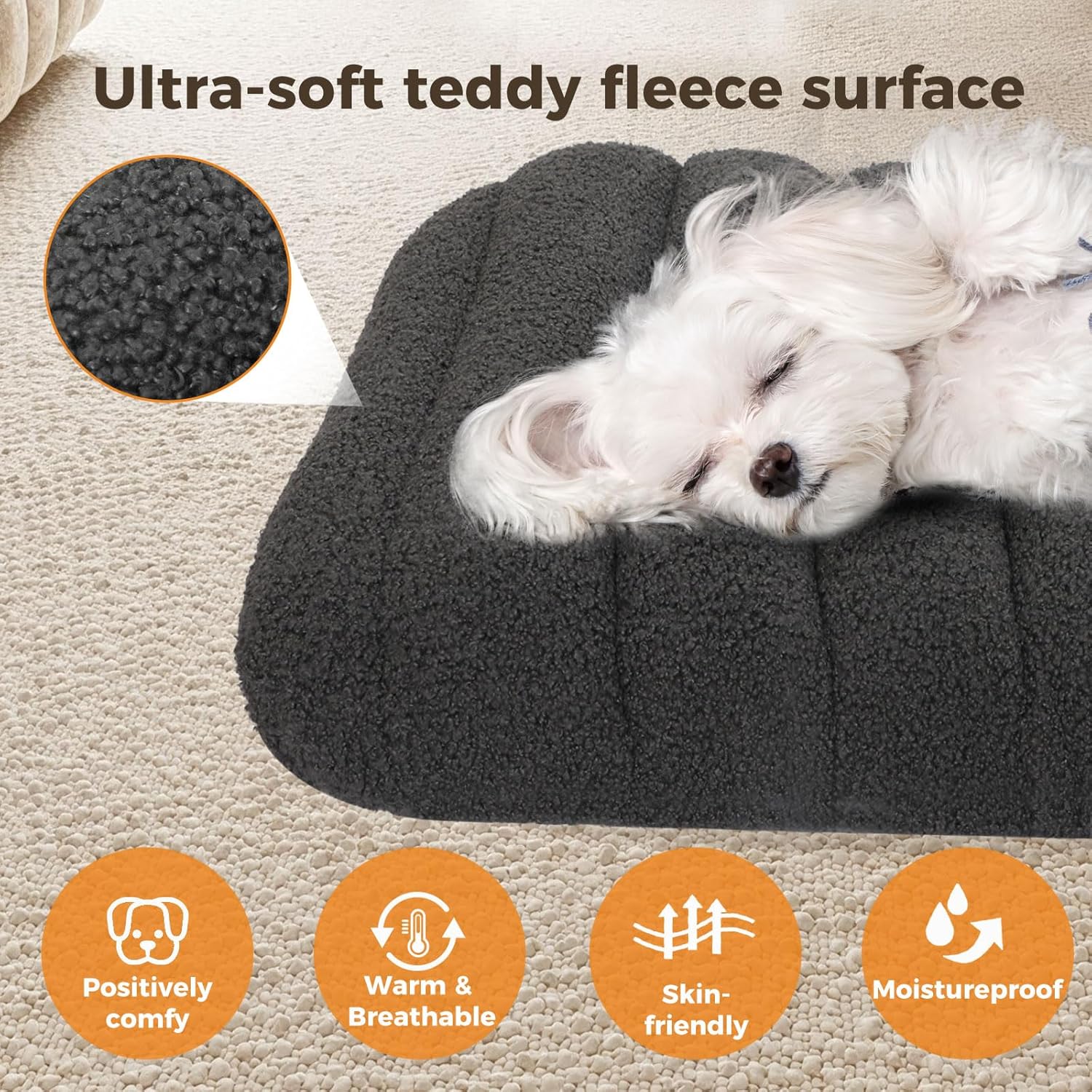 Dog lying on a gray fleece pet bed with text and icons highlighting features at Pet Servo