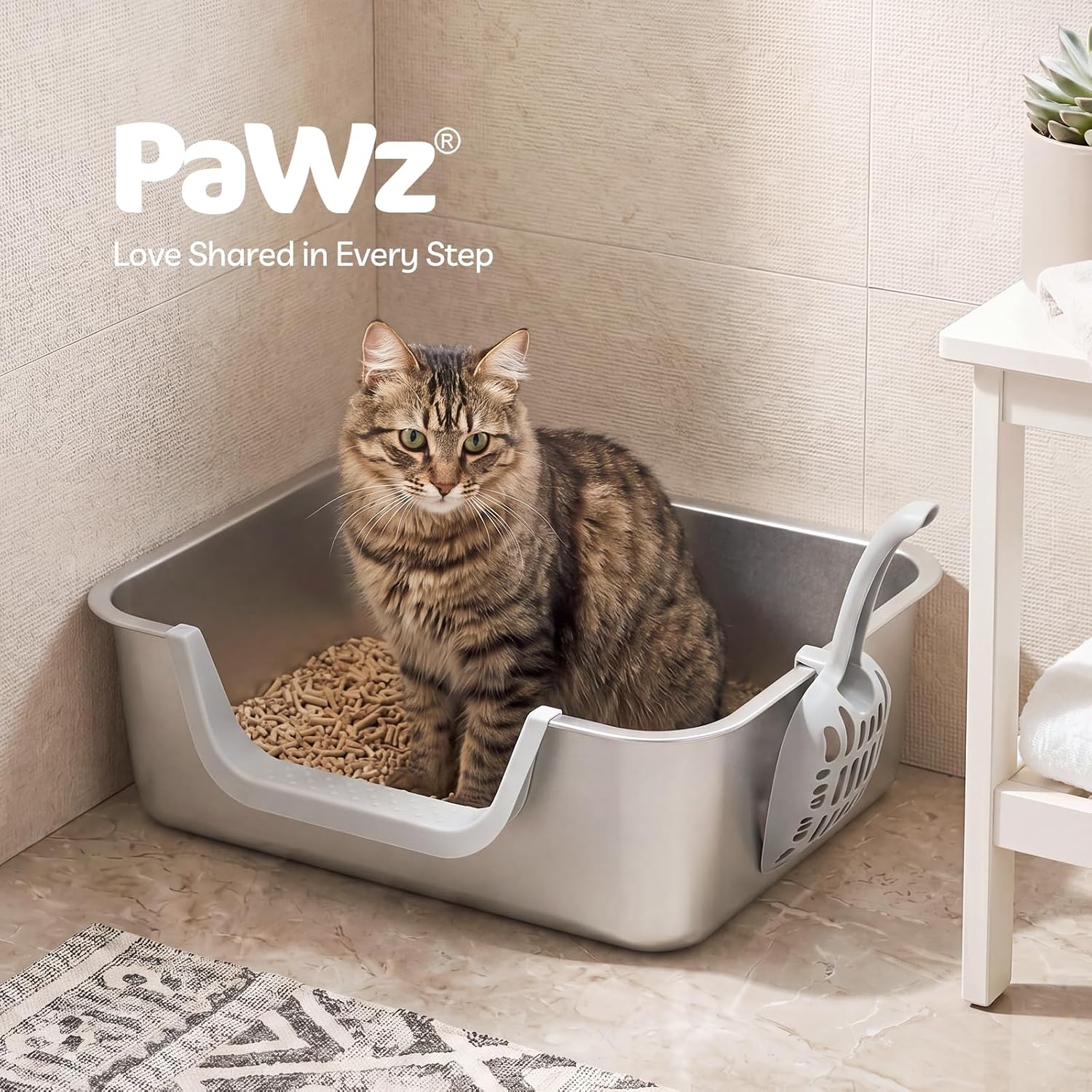 PaWz - Stainless Steel Cat Litter Box with Low Entry Easy to Clean & Odour Resistant at Pet Servo