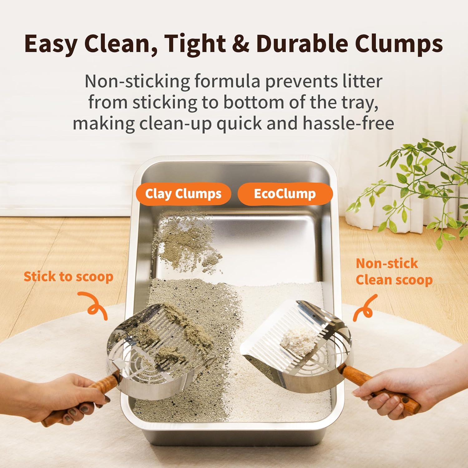 Pet litter tray with scoop and text about easy cleaning and durability at Pet Servo