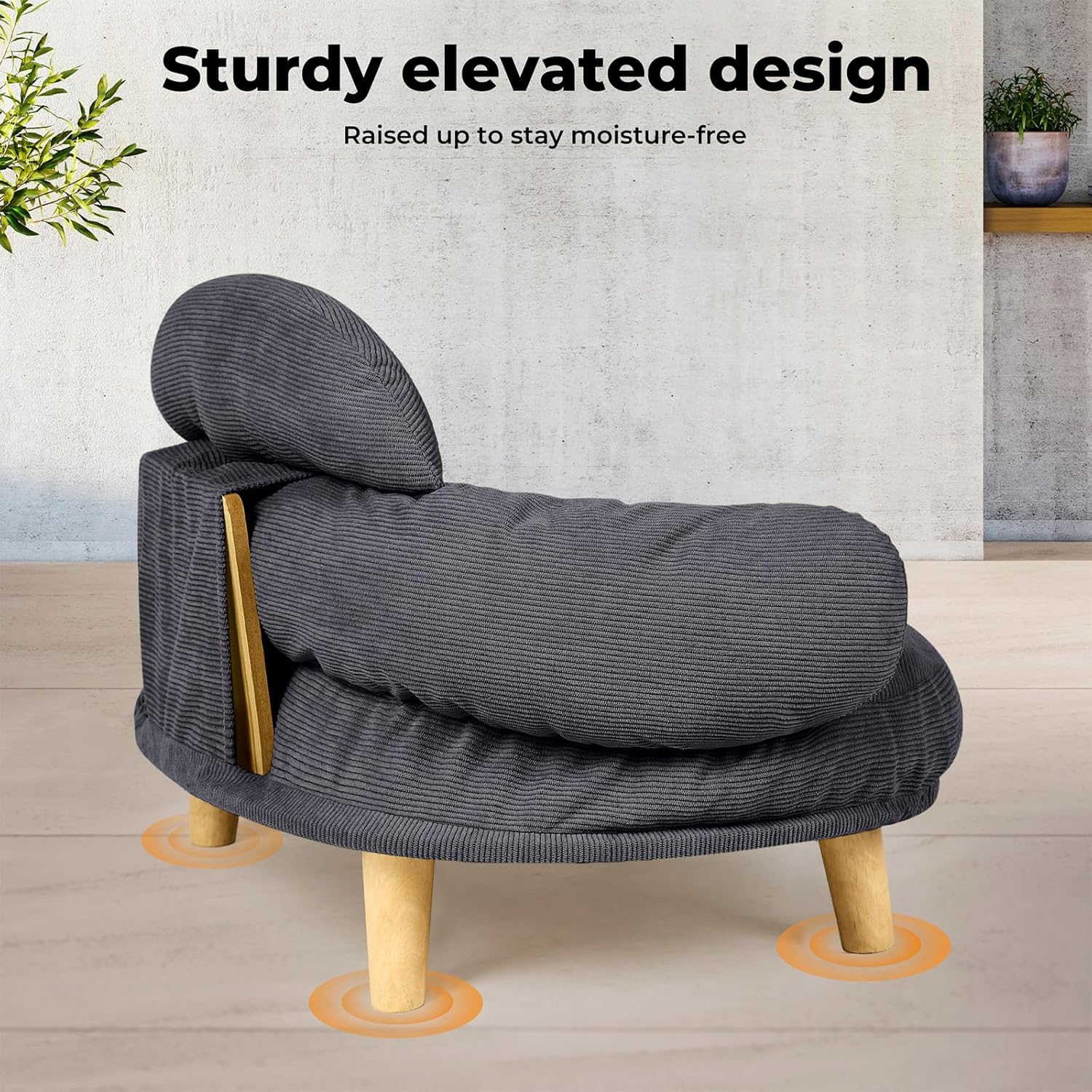 Gray pet bed with wooden legs on a wooden floor, featuring text about a sturdy elevated design at Pet Servo