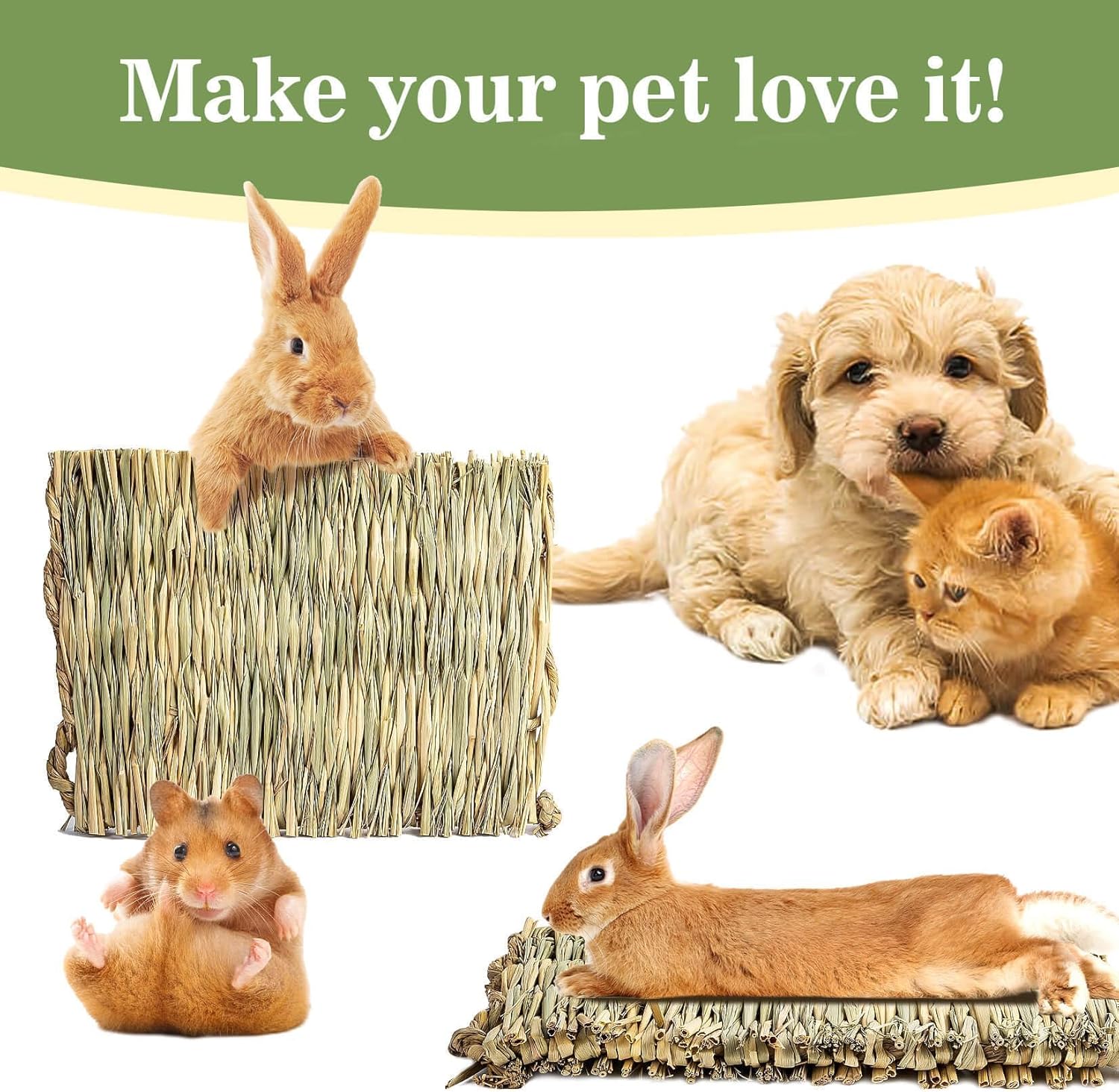 Collage of pets with text 'Make your pet love it!' on a green banner at Pet Servo