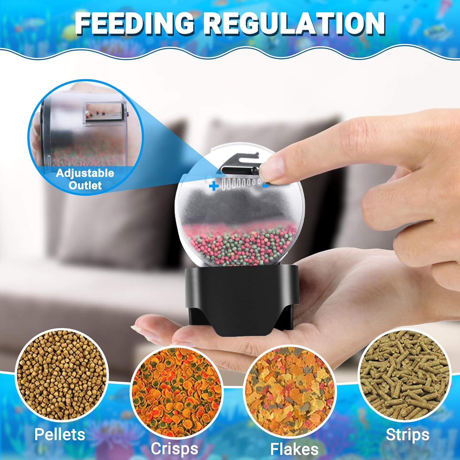 Aquarium feeder with adjustable outlet and various types of fish food shown at Pet Servo